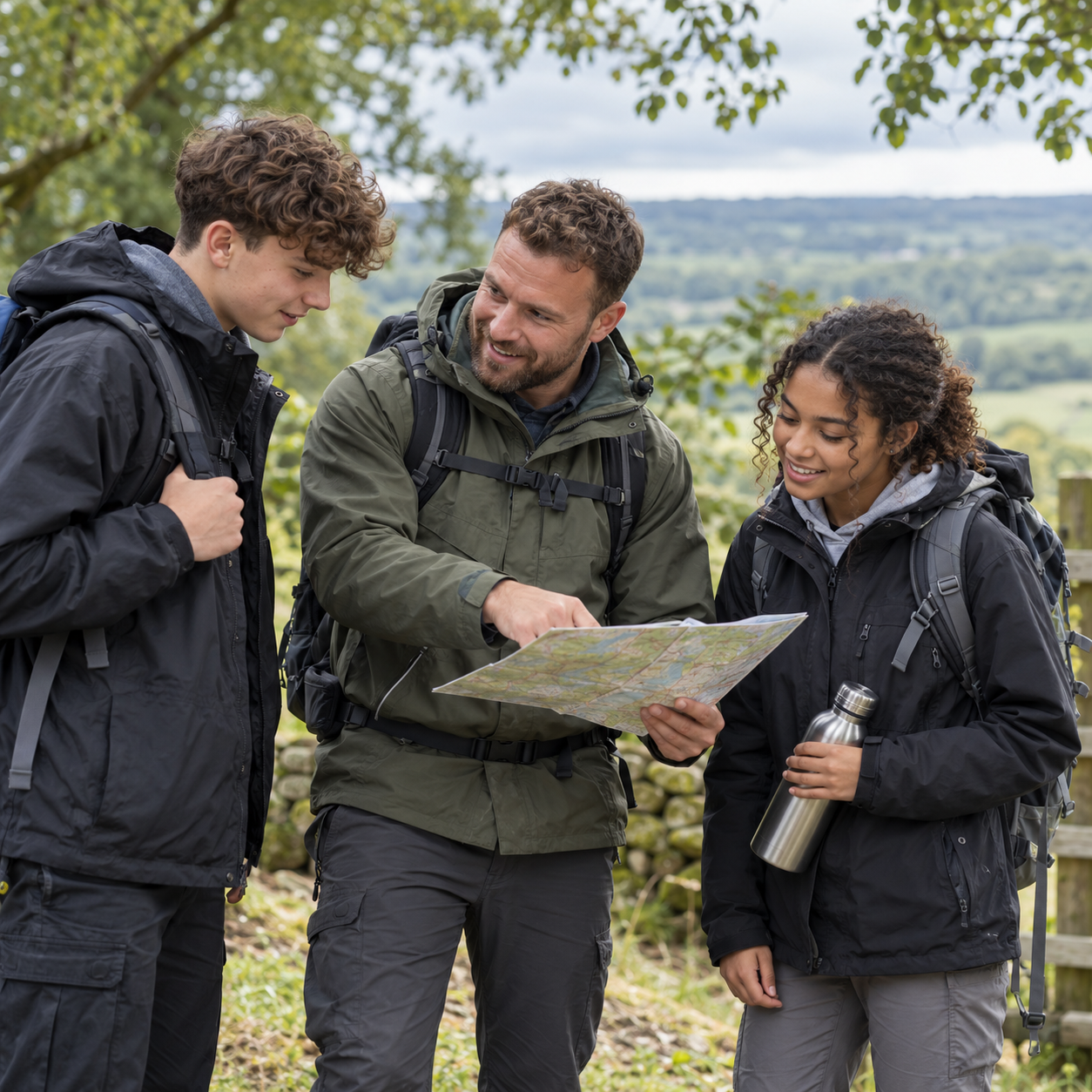 A mentor supporting young people during an outdoor learning activity